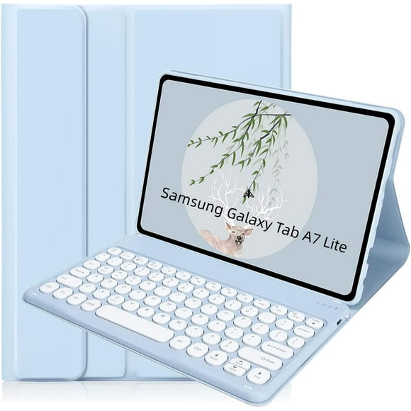 Keyboard Case for Samsung Galaxy Tab A7 Lite 8.7" 2021, Candy Colors Detachable Round Keys Wireless Keyboard (USB C Port) Slim Cover for Model SM-T220 T225 T227 (Ice Blue)