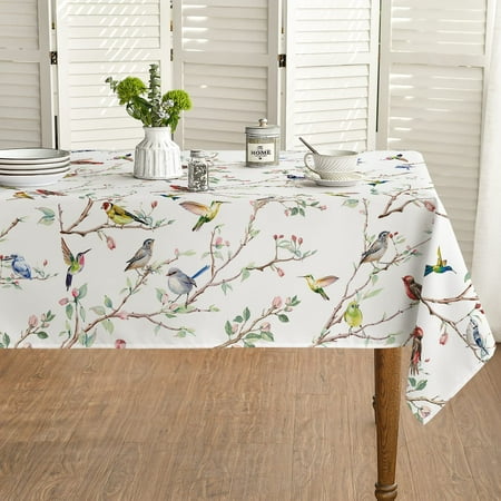 

WISH TREE Spring Summer Tablecloth Birds Branch Floral Table Cover for Party Picnic Dinner Decor