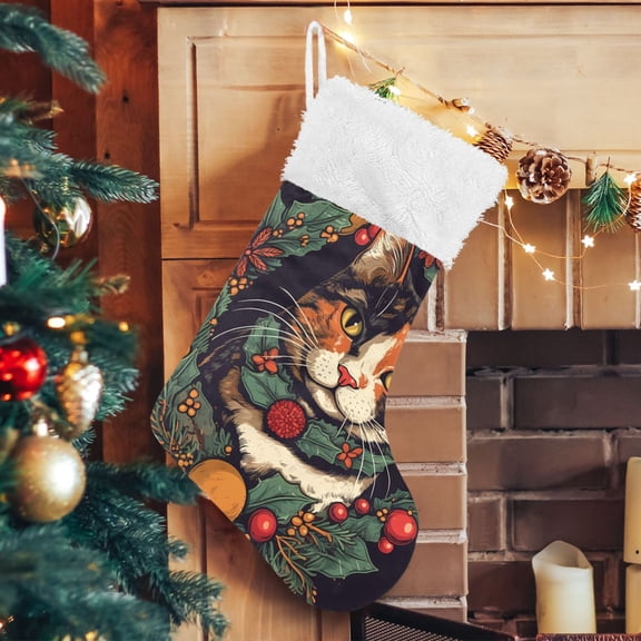 Christmas Flowers and Cat Christmas Stockings Xmas Stocking for Family Holiday Season Party Decorations
