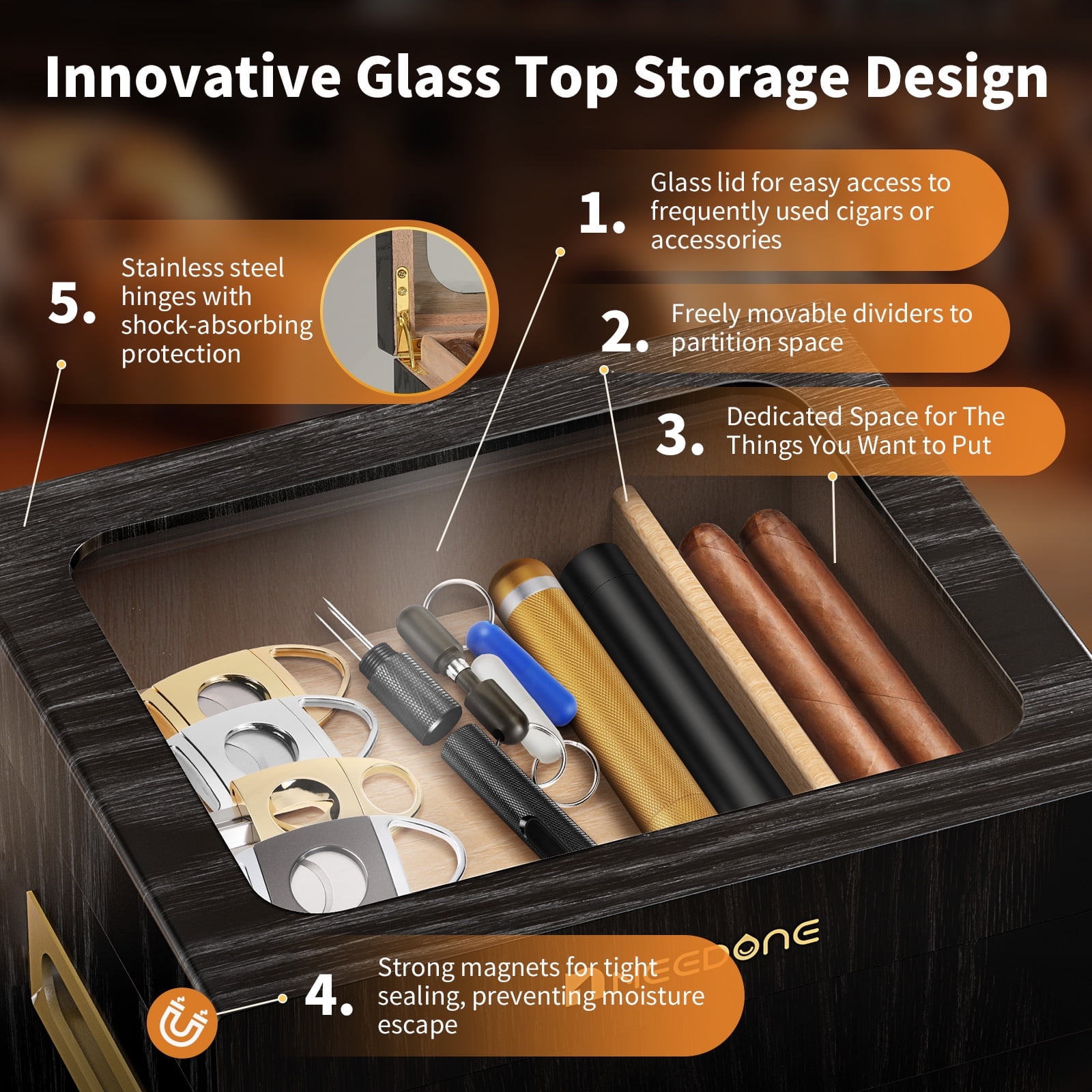 NEEDONE Cigar Humidor, Glass Top Drawer & LED Lighting,3 Humidifiers,Cedar Wood Shelves,Desktop Humidor Box Case Cabinet can Hold 150 Cigars,Gift for Men