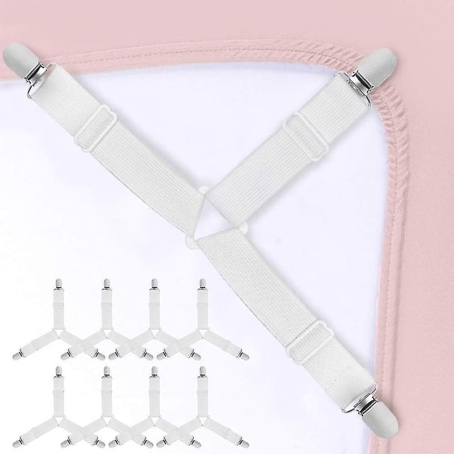 Correas para sujetar sábanas, 4 piezas, sujetadores de sábanas, tirantes elásticos triangulares ajustables, clips de esquina para colchón con pinzas resistentes, color blanco