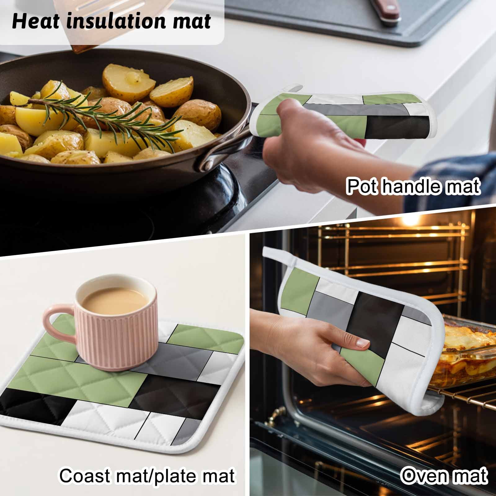 Sage Green Black Grey Pot Holders for Kitchen Heatproof Potholder, 3 Pack Modern Irregular Geometric Abstract Hot Pads Multipurpose Oven Pads Cloth Potholders Trivet for Cooking Baking
