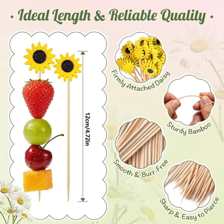 Yellow Sunflower Picks 4.7 Inch Long Bamboo Fancy Toothpicks for Appetizers Decorative Christmas New Year Holiday Party Food Drinks Garnish Fruit Skewer Sticks 100 Counts