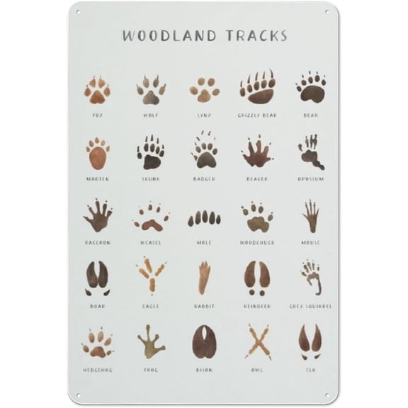 Woodland Tracks Animal Footprint Guide Metal Tin Sign, Wildlife Nature Wall Decor, Rustic Aluminum Plaque for Cabin or Game Room, 8x12 Inch
