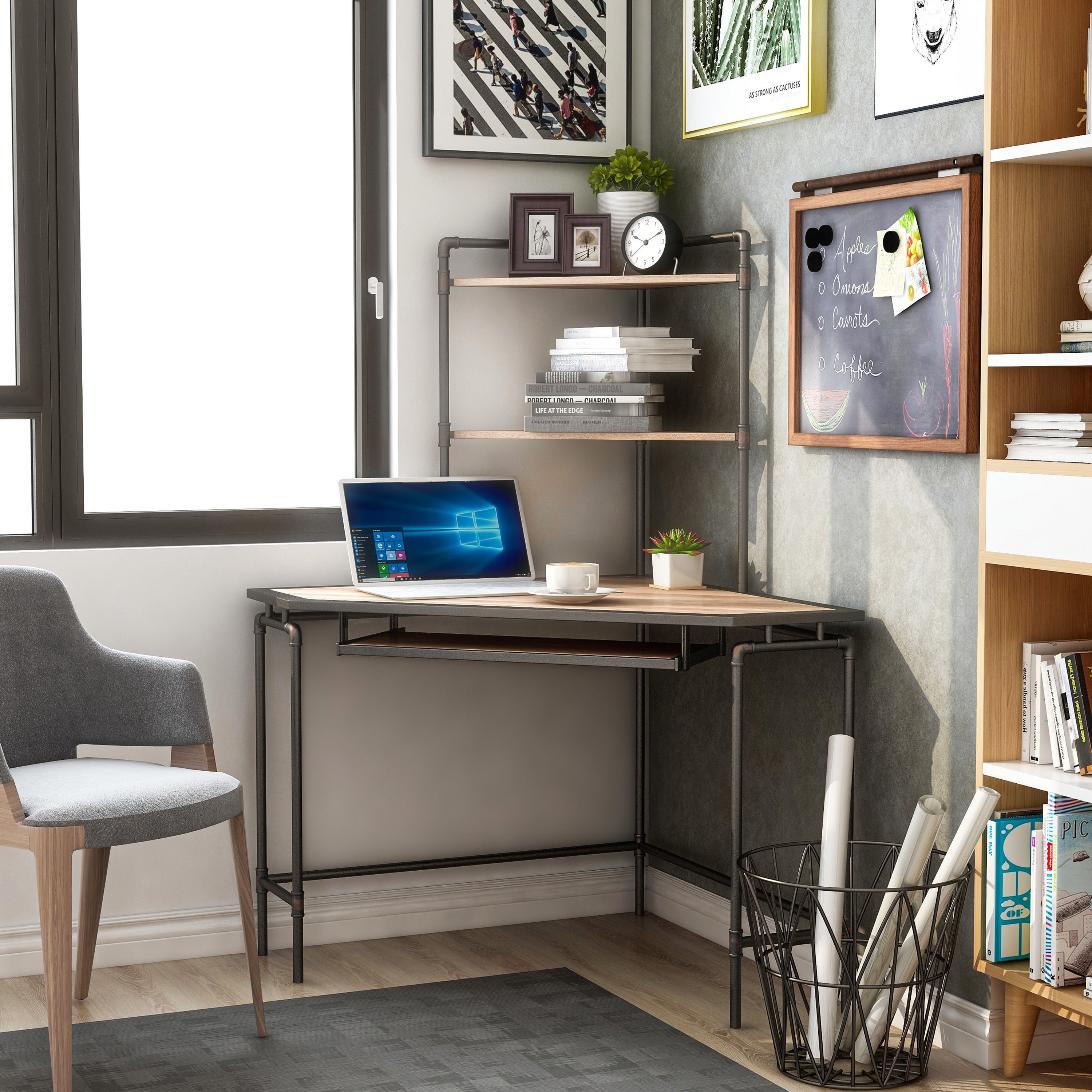 Furniture of America Stod Corner Desk with USB Plug, Black and Copper