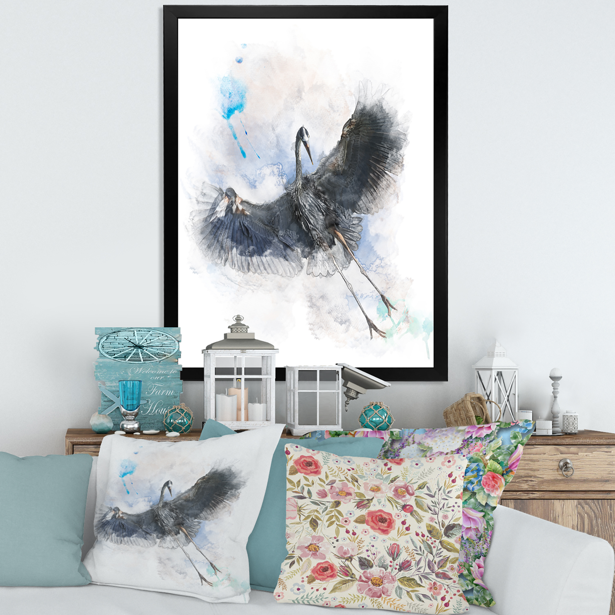 Designart 'Great Dark Blue Heron Bird Illustration' Farmhouse Framed Art Print