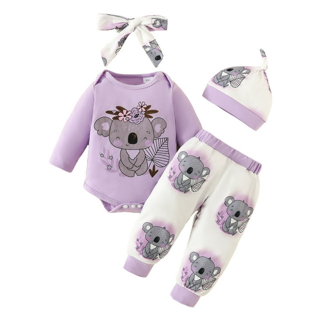Sunnyoo Infant Girls Outfits Cartoon Print Long Sleeve Romper Shorts Headband Hat 4Pcs Set