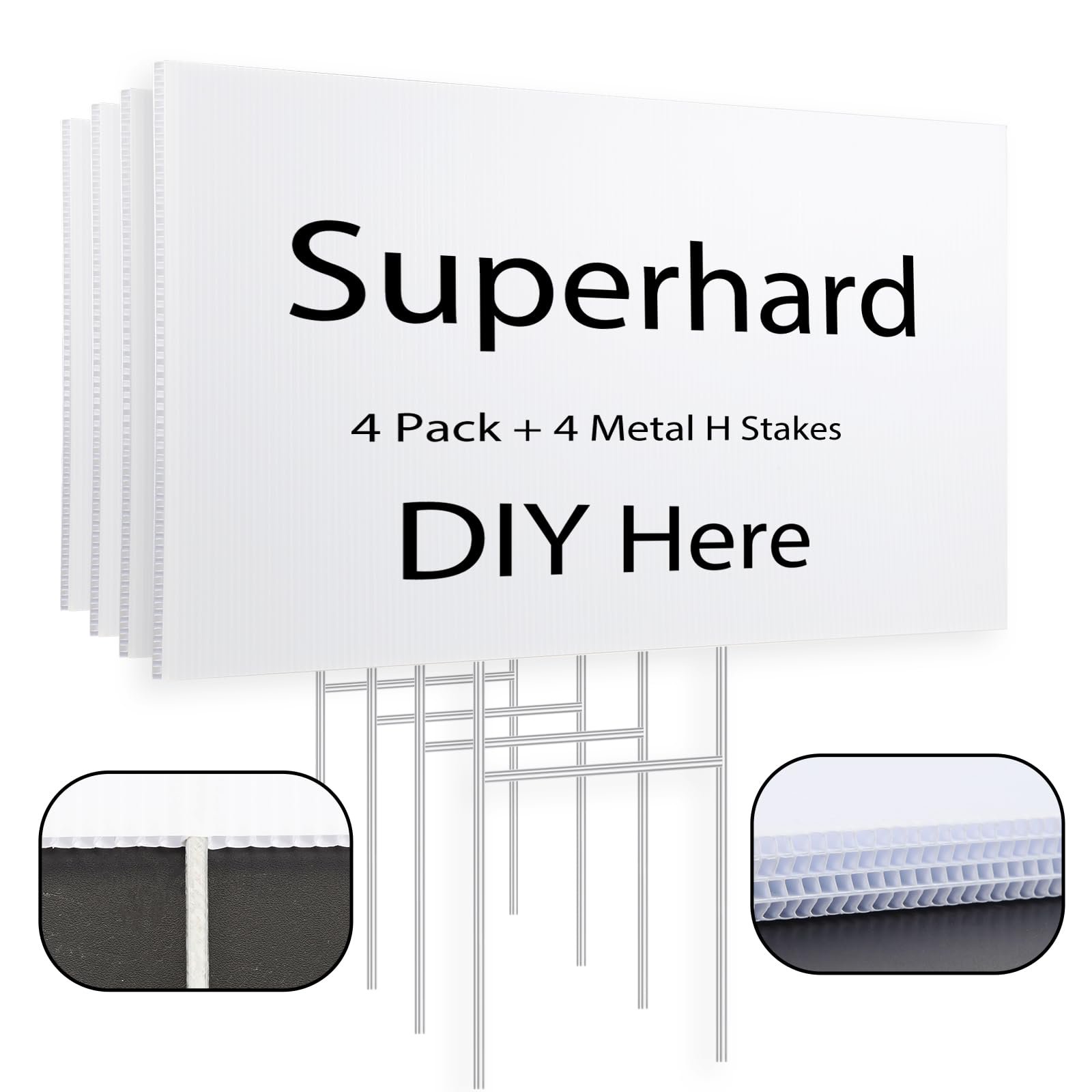 4 Pack Blank Yard Signs with Metal H-Stakes 17x12 Inch Yard Lawn Sign 4mm Corrugated Plastic Waterproof Reusable Outdoor DIY Signs for Birthday Decoration Open House Parties Estate Sales