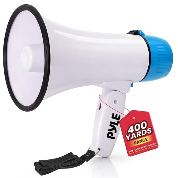 Pyle 20W Megaphone Bullhorn – Portable Speaker with Siren, Record & Whistle Modes, Adjustable Volume, AUX Input, Shoulder Strap, 400 Yard Range