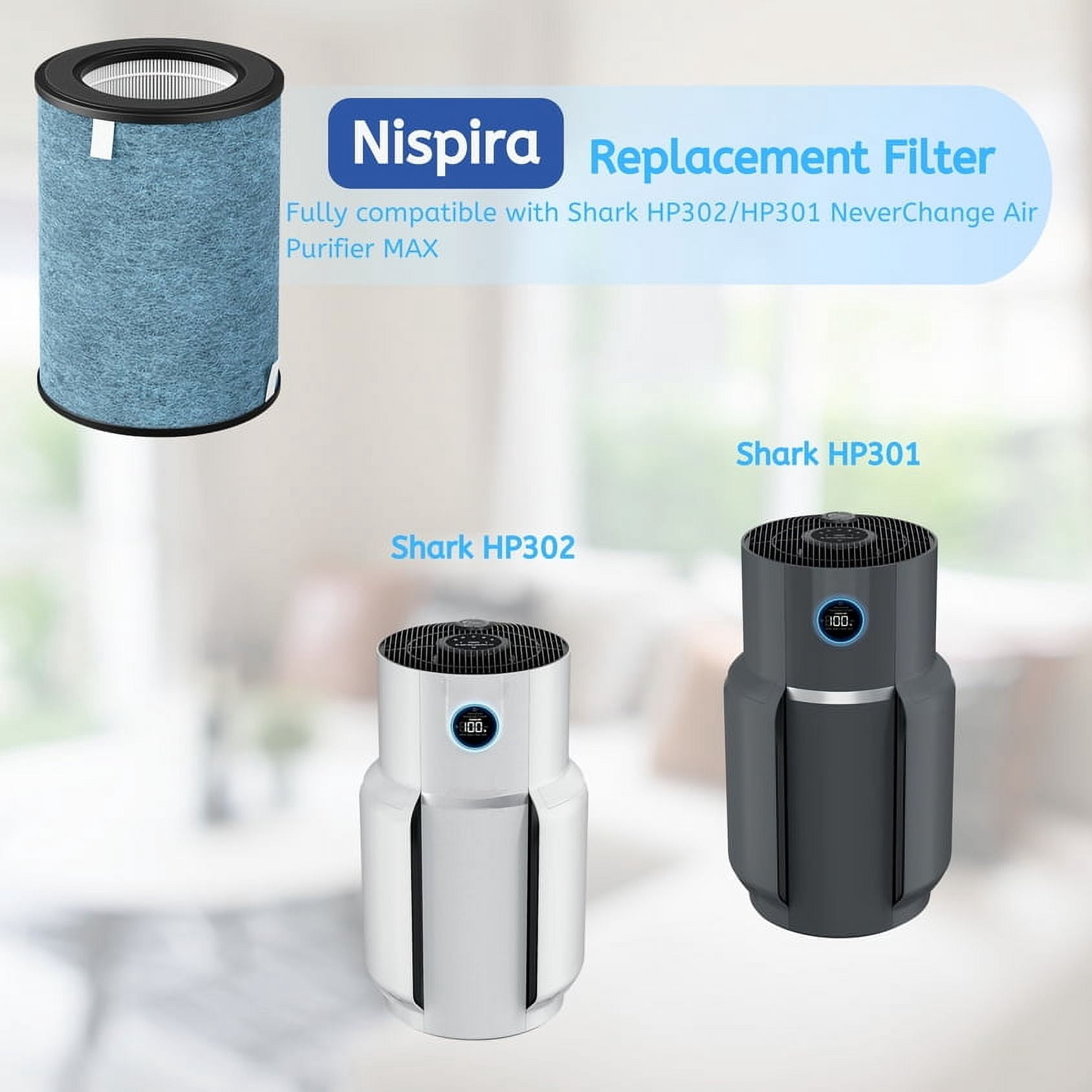 Nispira HP302 3-in-1 True HEPA Activated Carbon Filter Replacement | Compatible with Shark Air Purifier MAX HP200 HP300 HC500 Series | Part # HE2FKBAS, HE2FKBASMB | 2 Pack
