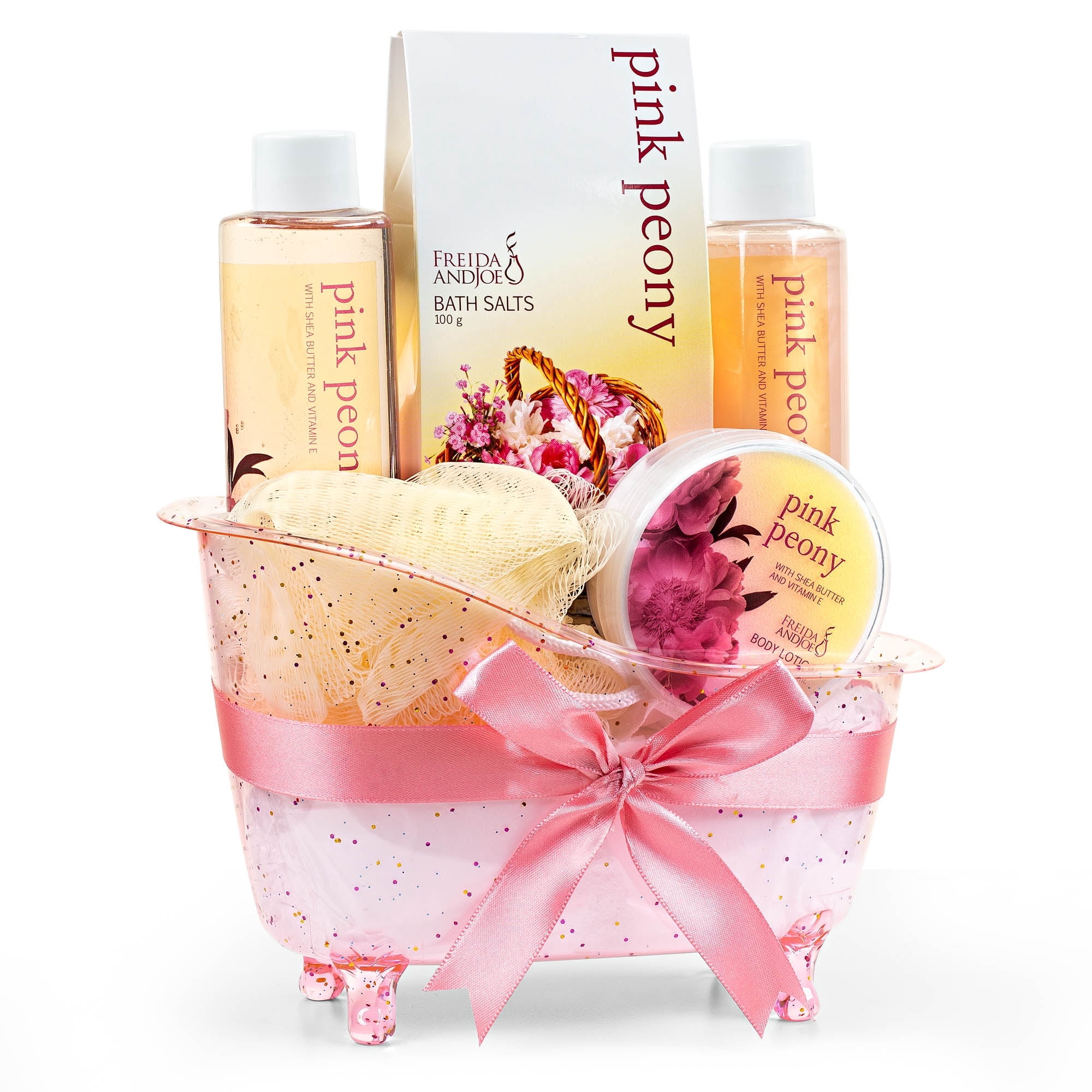 Bath and Body Gift Set for Her Home Spa Gift Basket Peony Spa Set For Women in a Pink Feminine Tub