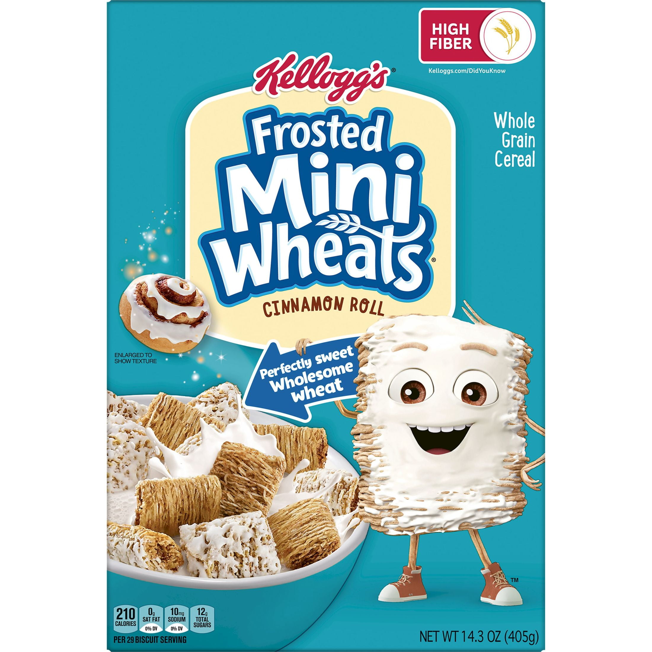 Kellogg's Frosted Mini-Wheats Cold Breakfast Cereal, Fiber Cereal, Whole Grain, Cinnamon Roll, 14.3oz Box (1 Box)
