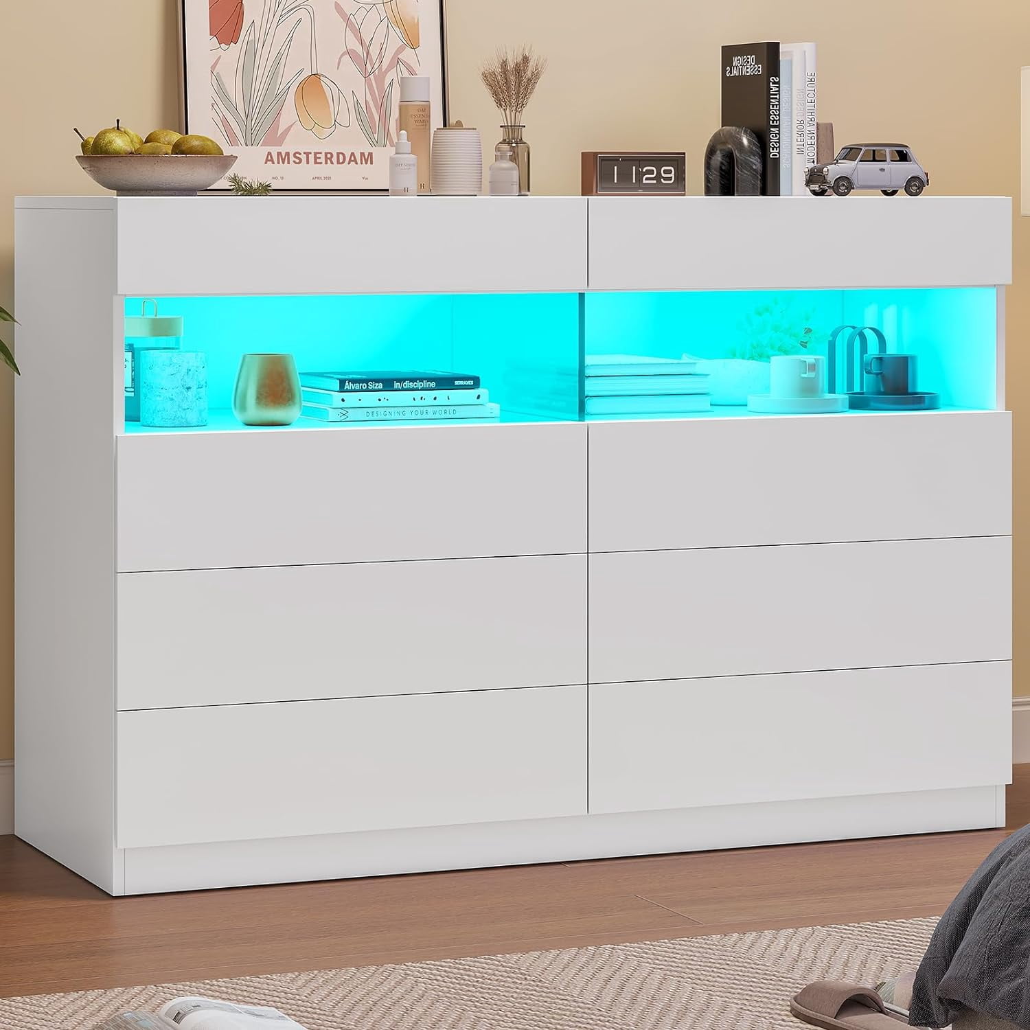 8 Drawers Dresser with Light, Wooden Chest of Drawers with Open Compartment,Modern Wide LED Dresser for Bedroom Living Room,White