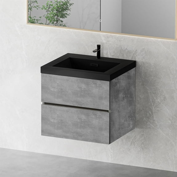 Demi Bonn 23" Floating Bathroom Vanity with Sink, Black Quartz Sand Top Basin and 2 Soft Close Drawers, Faucets and Drains Not Included, Gray