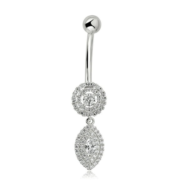 AVORA 10K White Gold Simulated Diamond CZ Marquise and Round Dangling Belly Button Ring Body Jewelry (14 Gauge)