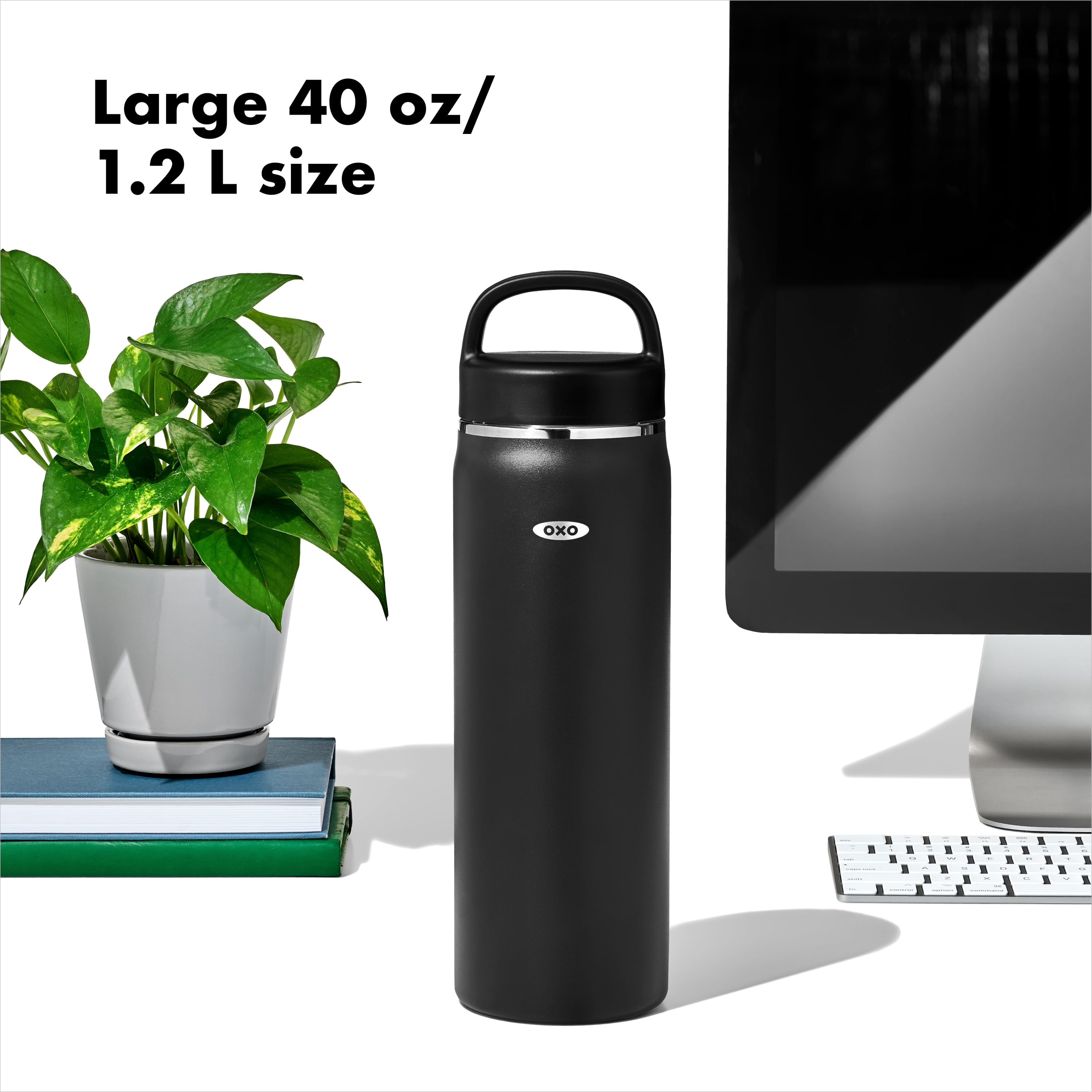 OXO Strive Insulated Water Bottle, 40 oz, Onyx, with Handled Lid