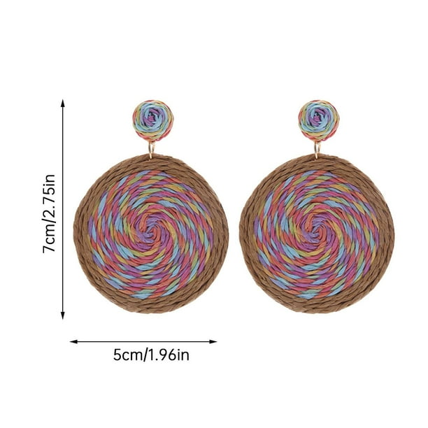 Boho Straw Fan Earrings For Women – Lightweight Wicker, Round Tassel Dangle, Statement Summer Beach Jewelry