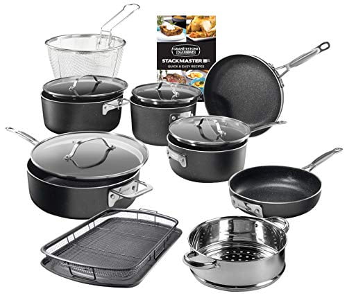 GRANITESTONE Stackmaster 15 Piece Induction-compatible, Nonstick Cookware Set, Scratch-Resistant, Granite-coated Anodized Aluminum, Dishwasher-Safe, ...