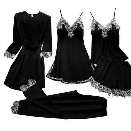 

Fsqjgq Silky Pajama Dress 5-Piece Women Robes Lingerie Neck Bodysuit Lace Deep-V Underwear Garter Set Women s Sleepwear Christmas Pajamas Women Polyester Black S