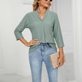 thumbnail image 3 of Las mujeres 3/4 camisa de manga plisada V cuello abajo collar V cuello puro color mujer Camiseta básica para fiesta Oficina viajes verde oscuro M, 3 of 6