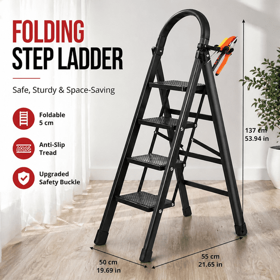 Heavy duty 3/4/5 step folding ladder, portable folding ladder with a load-bearing capacity of up to 500 pounds| Heavy duty non slip pedals, sturdy design, suitable for home and industrial maintenance