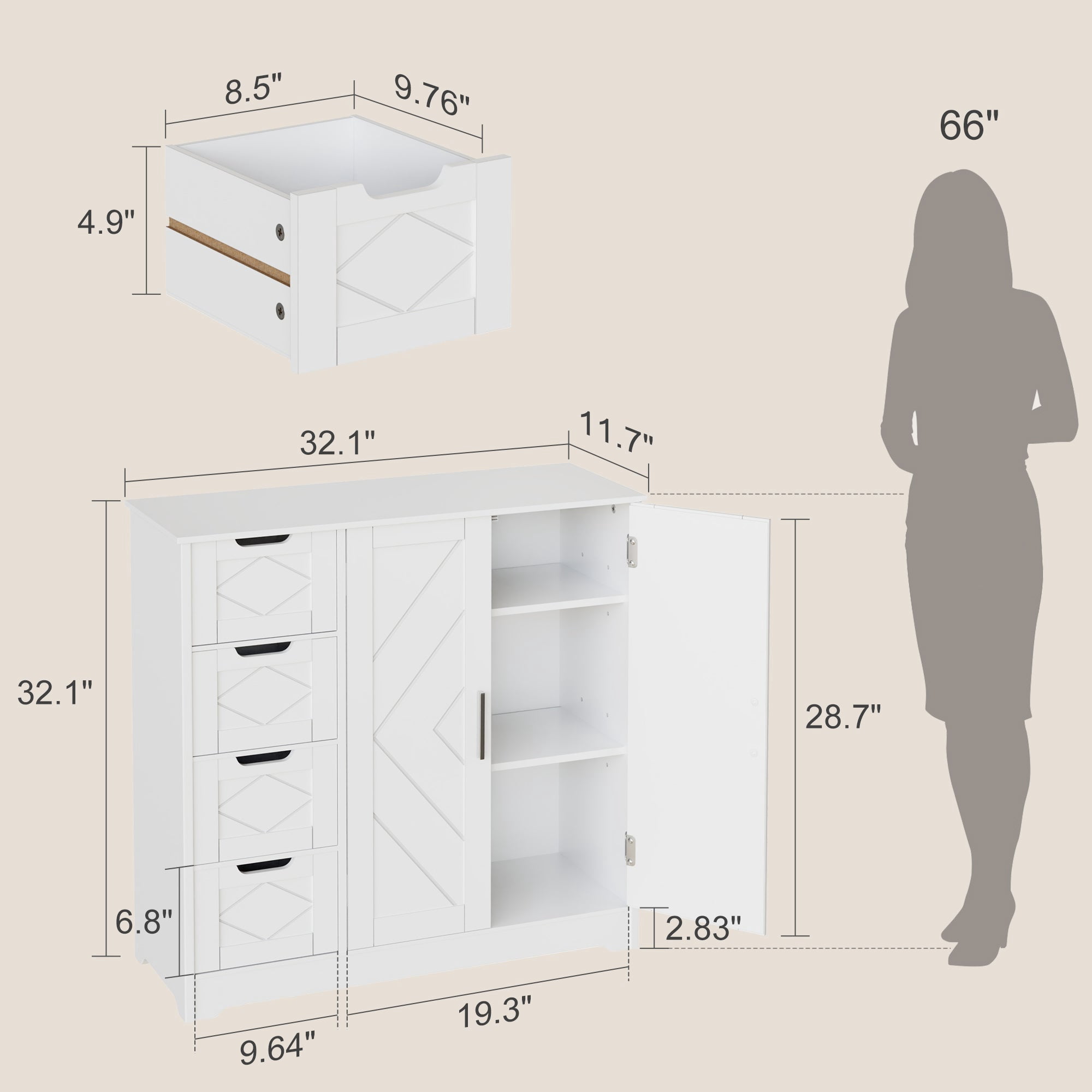 VECELO Bathroom Storage Cabinet, Floor Cabinet with 4 Drawers and Adjustable Shelf, Double Door Storage Organizer for Living Room,Bathroom, Kitchen, Entryway, White