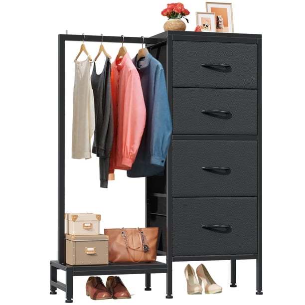 Cómoda HIGDBFE de 4 cajones con perchero, 112 cm, negra