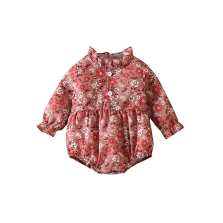 

Sunisery Newborn Baby Girls Spring Autumn Floral Romper Ruffle Collar Button Playsuit Long Sleeve Bodysuit Red Brown 18-24 Months