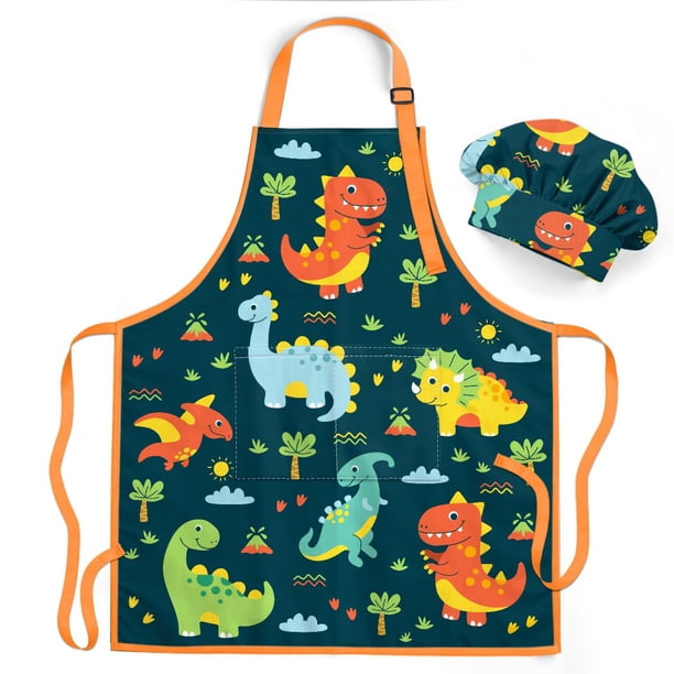Delantal SANDJEST Dinosaur Kid para niños con bolsillo y gorro de chef