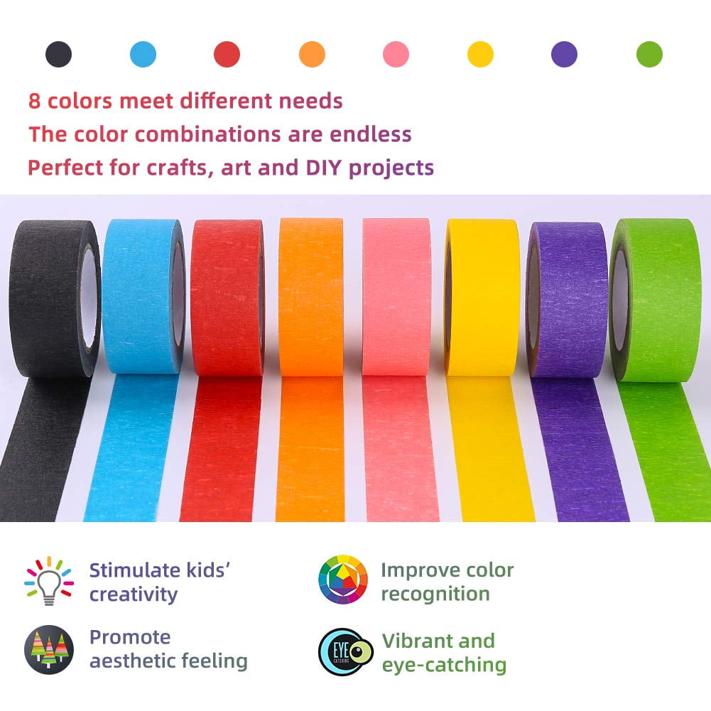 LANNEY Colored Tape for Crafts Rainbow Paper Masking Tapes, 8 Rolls, 1 inch x 14.2 Yards