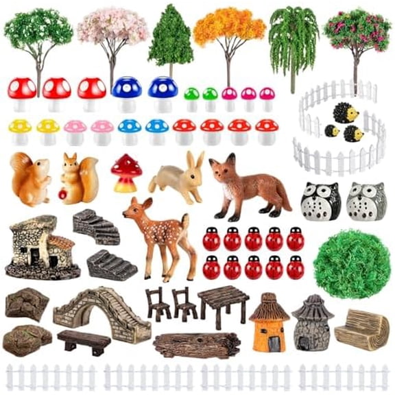 68PCS Mini Fairy Village Garden Accessories/Miniature Fairy House Garden Figurines Kit with Tiny Resin Animals Tree Stumps Fake Stones Moss for Micro Landscape Dollhouse DIY Craft Decor