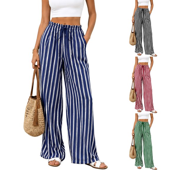 Endives Women's Wide Leg Pants Casual Striped Baggy Trousers Elastic High Waisted Slacks Drawstring Flowy Palazzo Pants for Women With Pocket Beach Vacation Outfits Red M