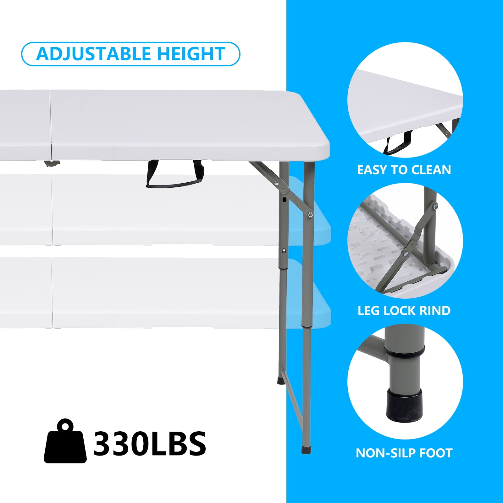 SUGIFT 4ft Folding Table, Adjustable Height Camping Table Office Table for Indoor/Outdoor Picnic Camping Bench,White