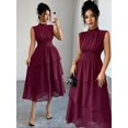 thumbnail image 4 of Maroon Womens Elegant Sleeveless High Neck Chiffon Maxi Dress With Tiered Ruffle Hem And Waist Gathering, 4 of 8