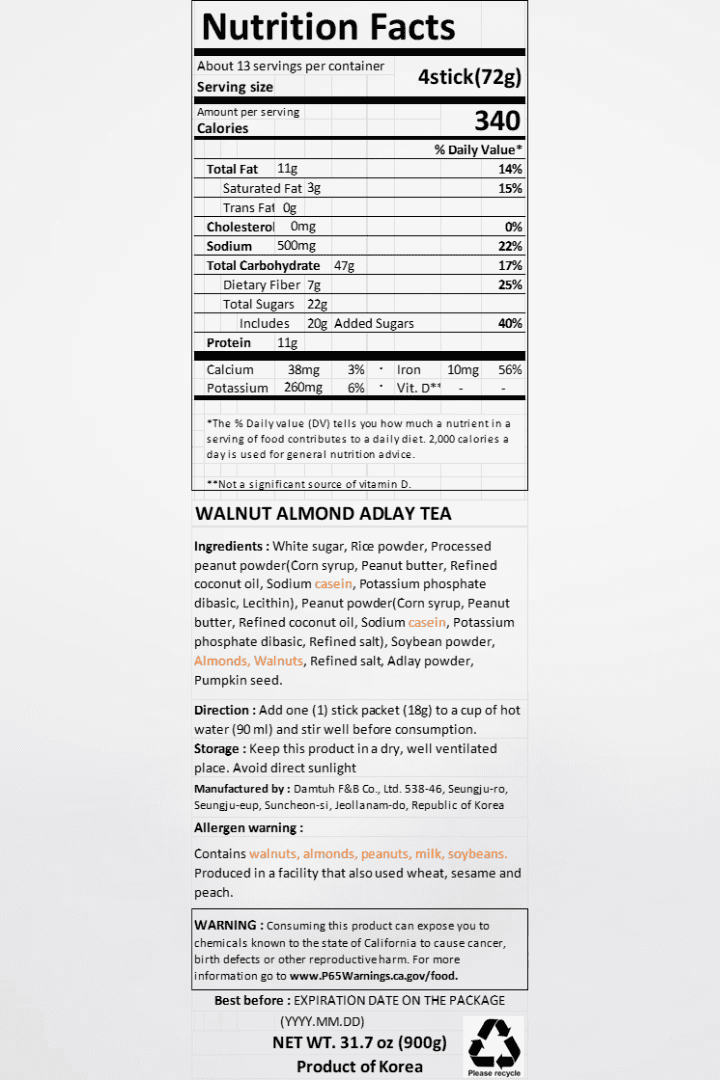 Damtuh Walnut Almond Adlay (Job’s Tear) Powder Drink Mix – 18g x 50 Sticks, 2-Box Bundle