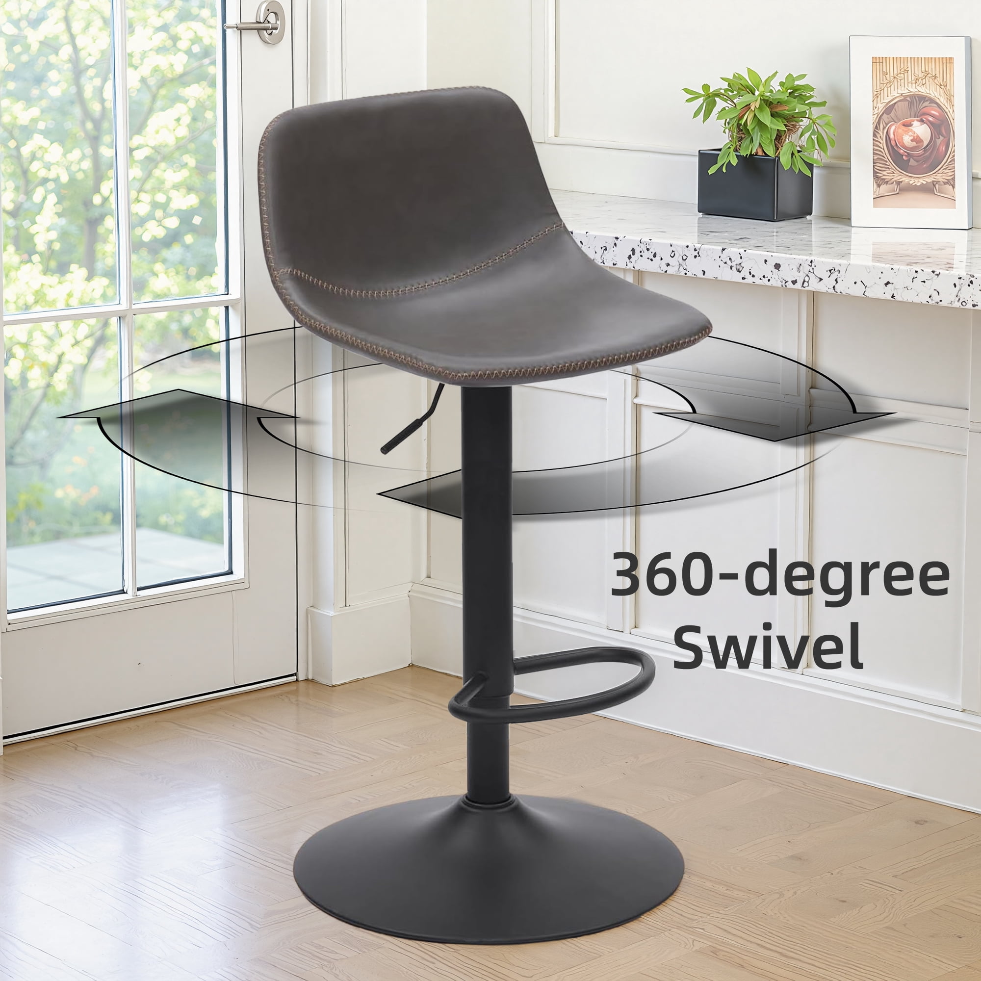 MAYEERTY 2-Set Gray Modern Swivel Bar Stools with Back Support for Kitchen Island, Adjustable Height