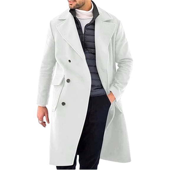 Fgnfyis Mens Jackets Fall Solid Color Lapel Pocket Thin Double Trench Coat Belt Wool Winter Coats for Men White XXXXL