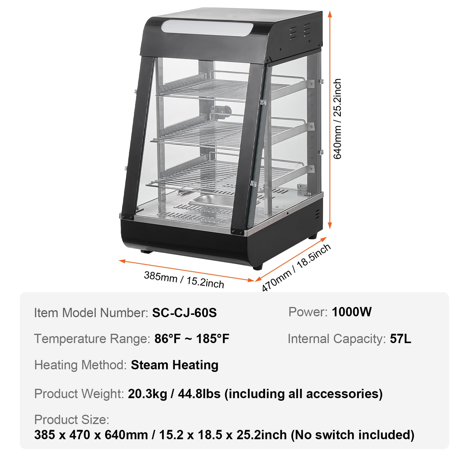 KFFKFF 3-Level Food Heating Showcase, 1000W with Illumination, Flexible Shelving & Temperature Control, 86℉~185℉ Steam Heat, 57L Capacity for Pizza, Burgers, Baked Goods, Fried Poultry