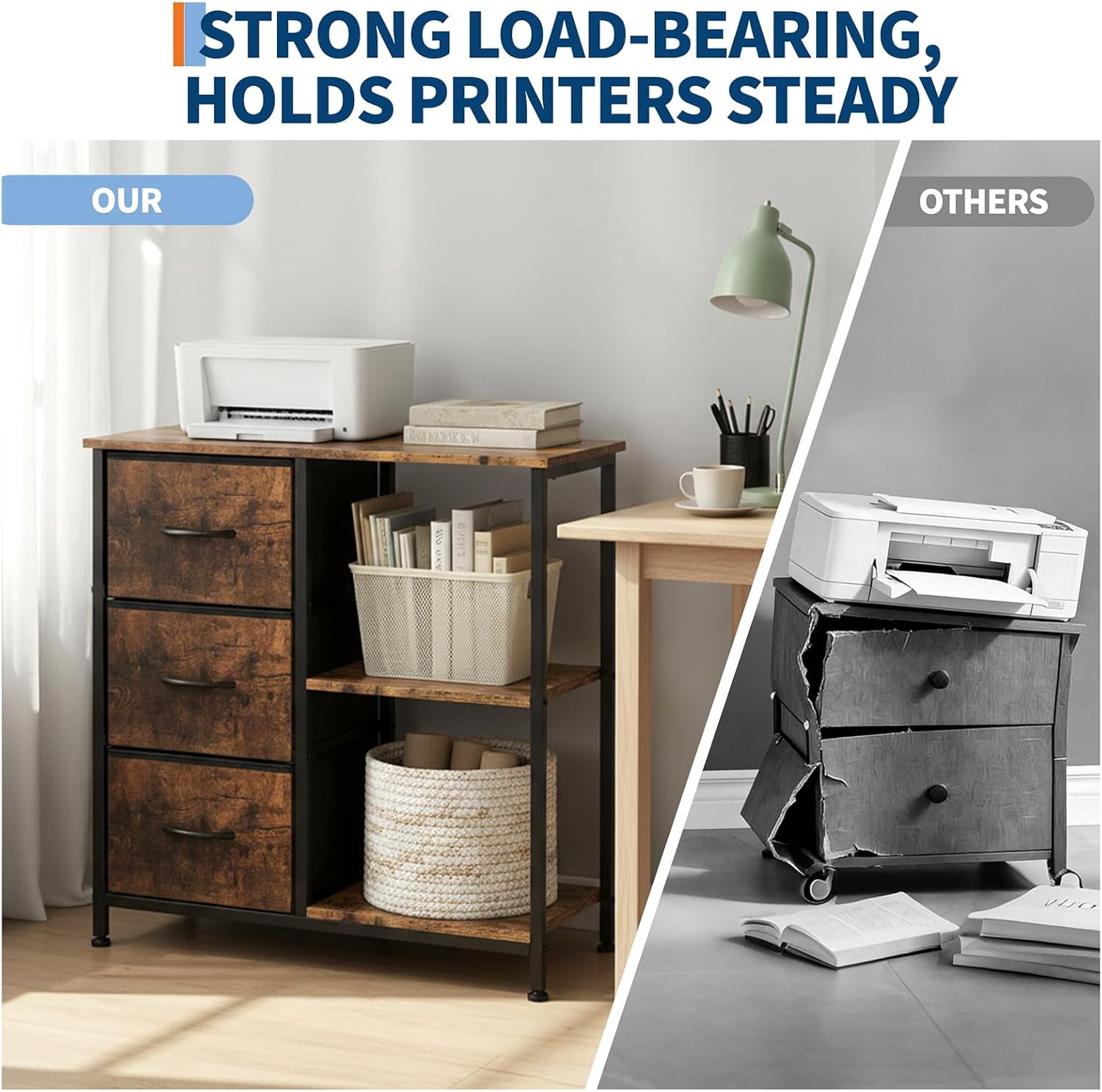 3 Drawer File Cabinet, Printer Stand with 2 Open Storage Shelves, Fabric Filing Cabinet Under Desk Office Organizer for Home Office, Modern Storage Solution, Rustic Brown