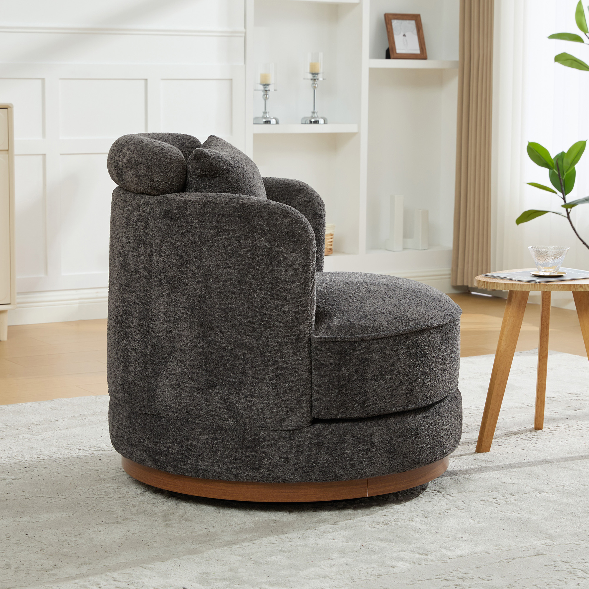 Leumius 360°Swivel Barrel Chair with 1 Plump Pillow and a Circular Wooden Base Ring, Round Chair with Removable Cushion for Living Room Bedroom Apartment,Charcoal