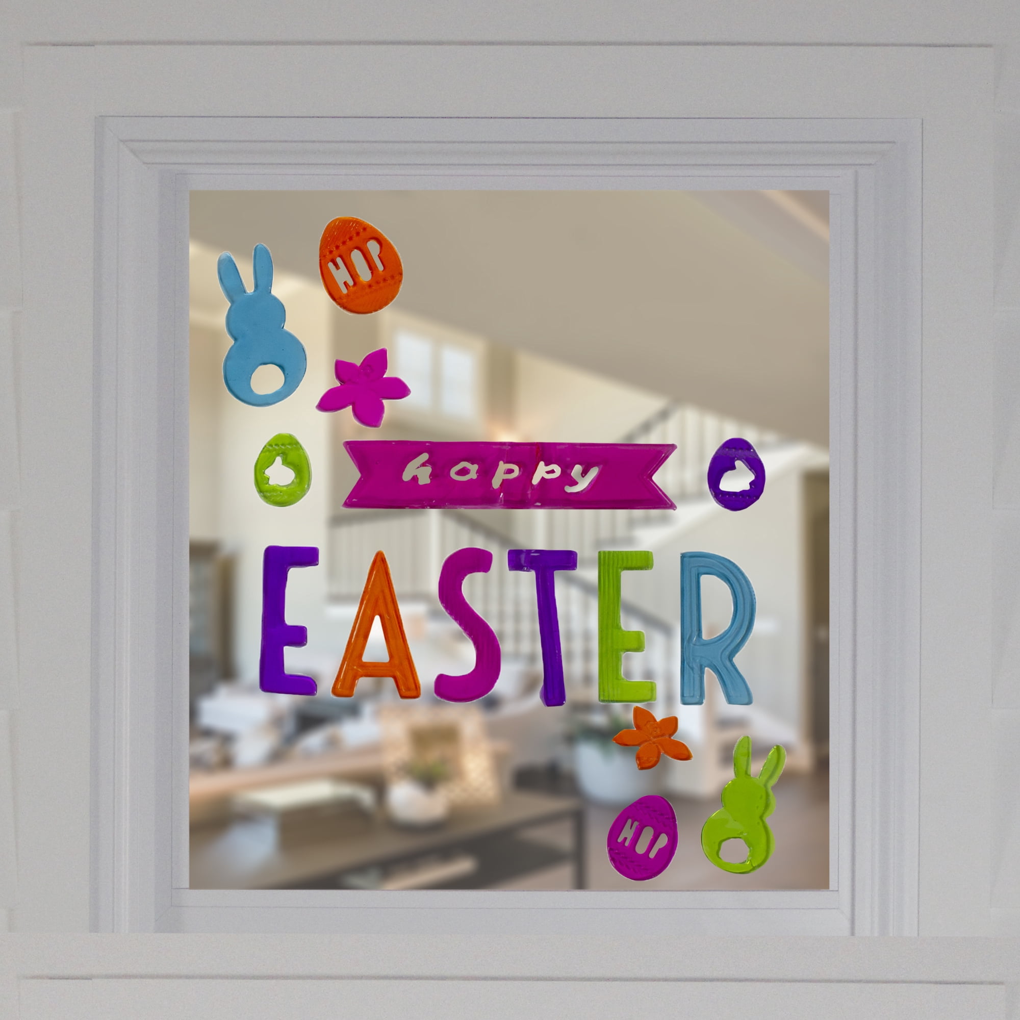 Pink and Orange "Happy Easter" Bunny Spring Gel Window Clings