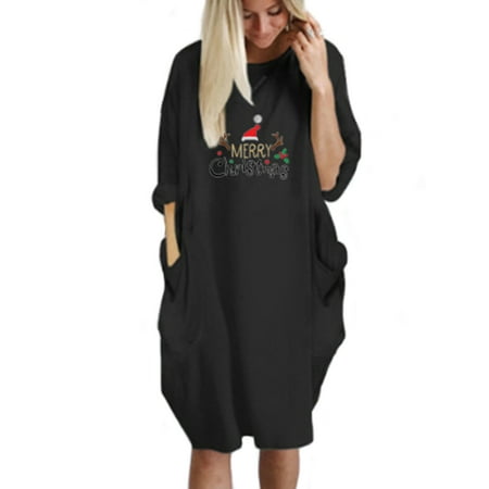 Christmas Jumper 2019 Women Christmas Xmas Jumper Oversized Baggy Pocket Pullover Long Dress ()