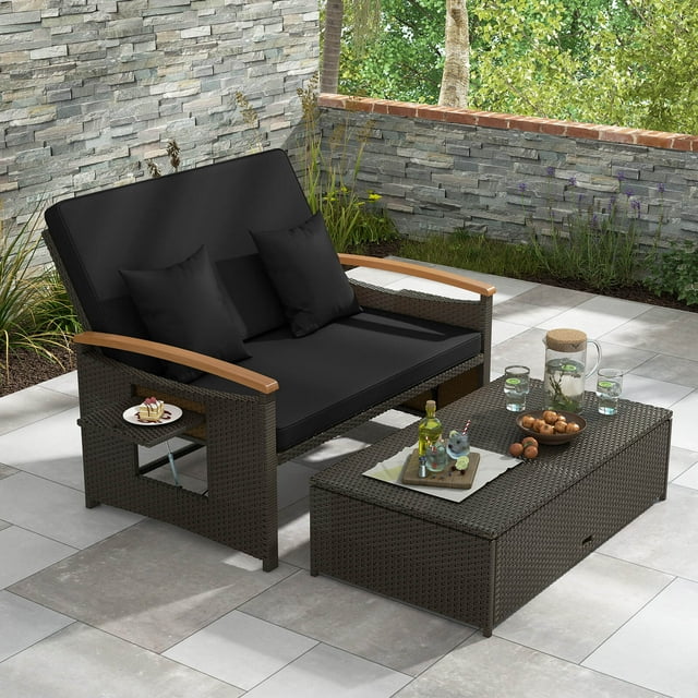 Costway Patio Rattan Daybed Set with Cushioned Loveseat & Storage Ottoman for Porch Black