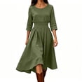thumbnail image 2 of Nmnitkp Dresses for Women Crew Neck 3/4 Sleeve Solid Midi Dress Elastic Smocked Waist Loose Flowy Casual Dress for Brunch Everyday Wear Fall Outings and Casual Office Occasions Army Green,M, 2 of 6