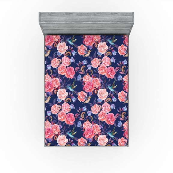 Ambesonne Birds and Nature Fitted Sheet, Boho Animal Floral, California King, Dark Lavender Pastel Pink