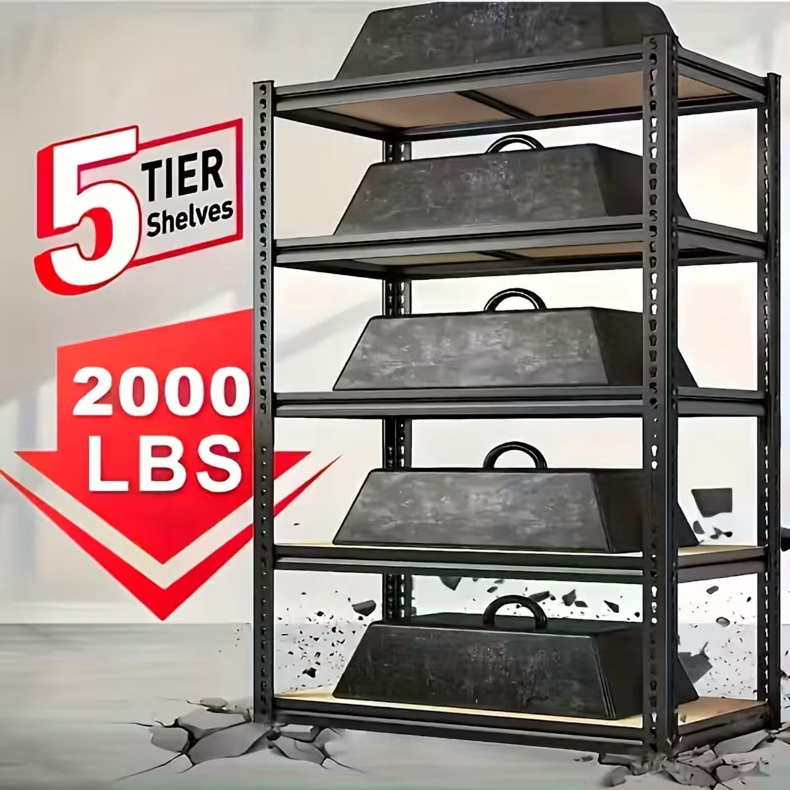 72"H Heavy Duty 5-Tier Metal Shelving Unit, Black, 2000 lbs Capacity – Adjustable Garage Storage Rack for Basement, Pantry & Closet