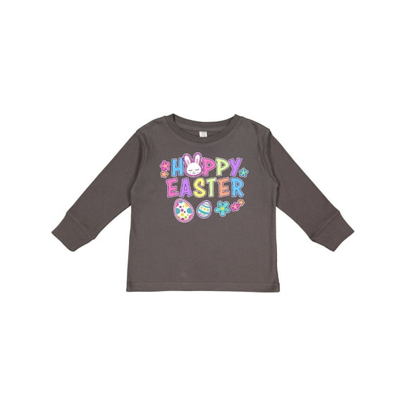 Inktastic Happy Easter with Bunny Face and Easter Eggs Girls Long Sleeve Toddler T-Shirt