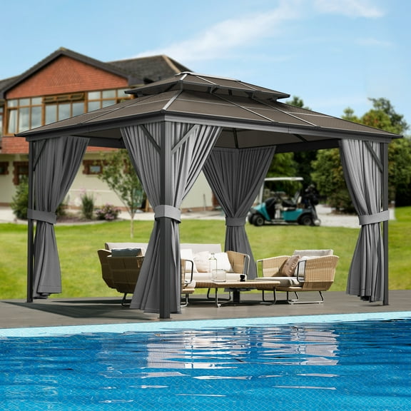 10'x12' Hardtop Gazebo for All Weather, with Aluminum Alloy Frame, Double Metal Roof, and Net and Curtain, Permanent Building of Backyard Luxury for Patio, Deck, Backyard, Lawn, and Garden