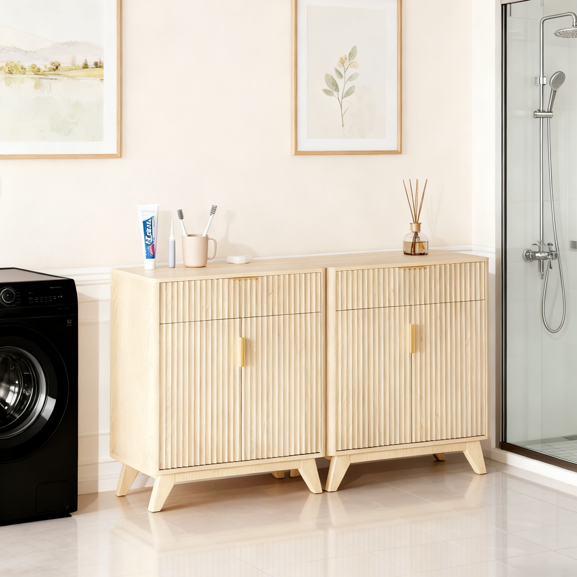Ktaxon Modern Bathroom Cabinet with 2 Doors & Drawer, Storage Pantry with Adjustable Shelf Bathroom Floor Cupboard Wooden Freestanding for Washing Room
