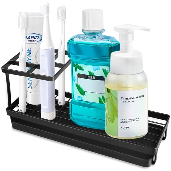 AndHot Toothbrush Holders, Metal Tooth Brush Holder for Bathroom with Drainage, Countertop Electric Toothbrush and Toothpaste Organizer, Bathroom Accessories, Kitchen Countertop Sink Caddy,Black